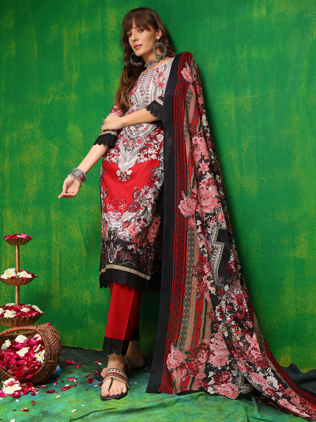 Pakistani Printed Kurta With Pant & Dupatta, Red - Hiral Fashion