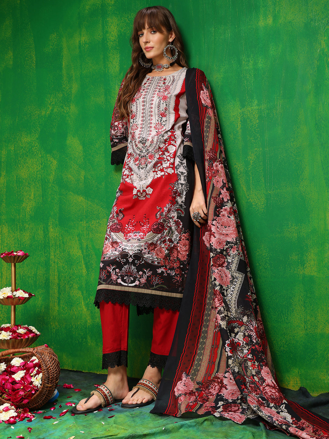 Pakistani Printed Kurta With Pant & Dupatta, Red - Hiral Fashion