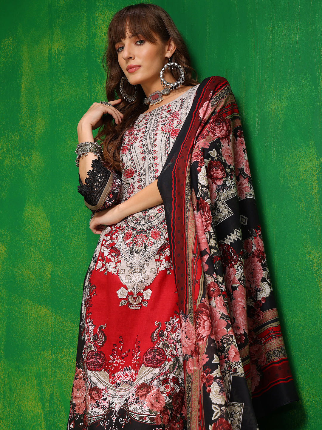 Pakistani Printed Kurta With Pant & Dupatta, Red - Hiral Fashion
