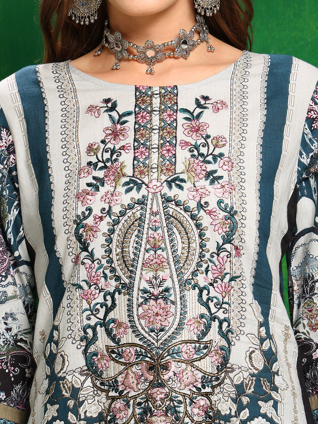 Pakistani Printed Kurta With Pant & Dupatta, Teal - Hiral Fashion