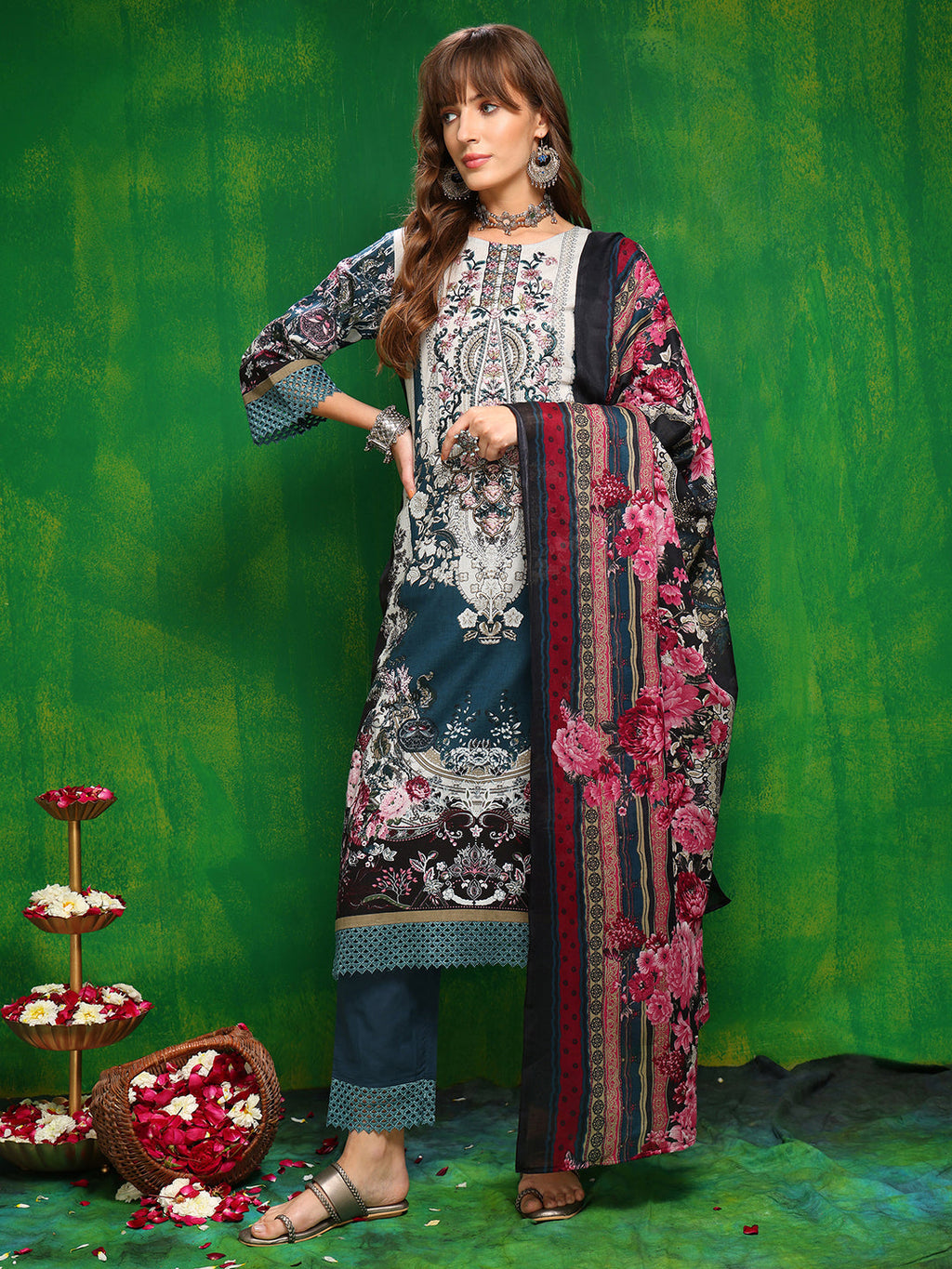 Pakistani Printed Kurta With Pant & Dupatta, Teal - Hiral Fashion