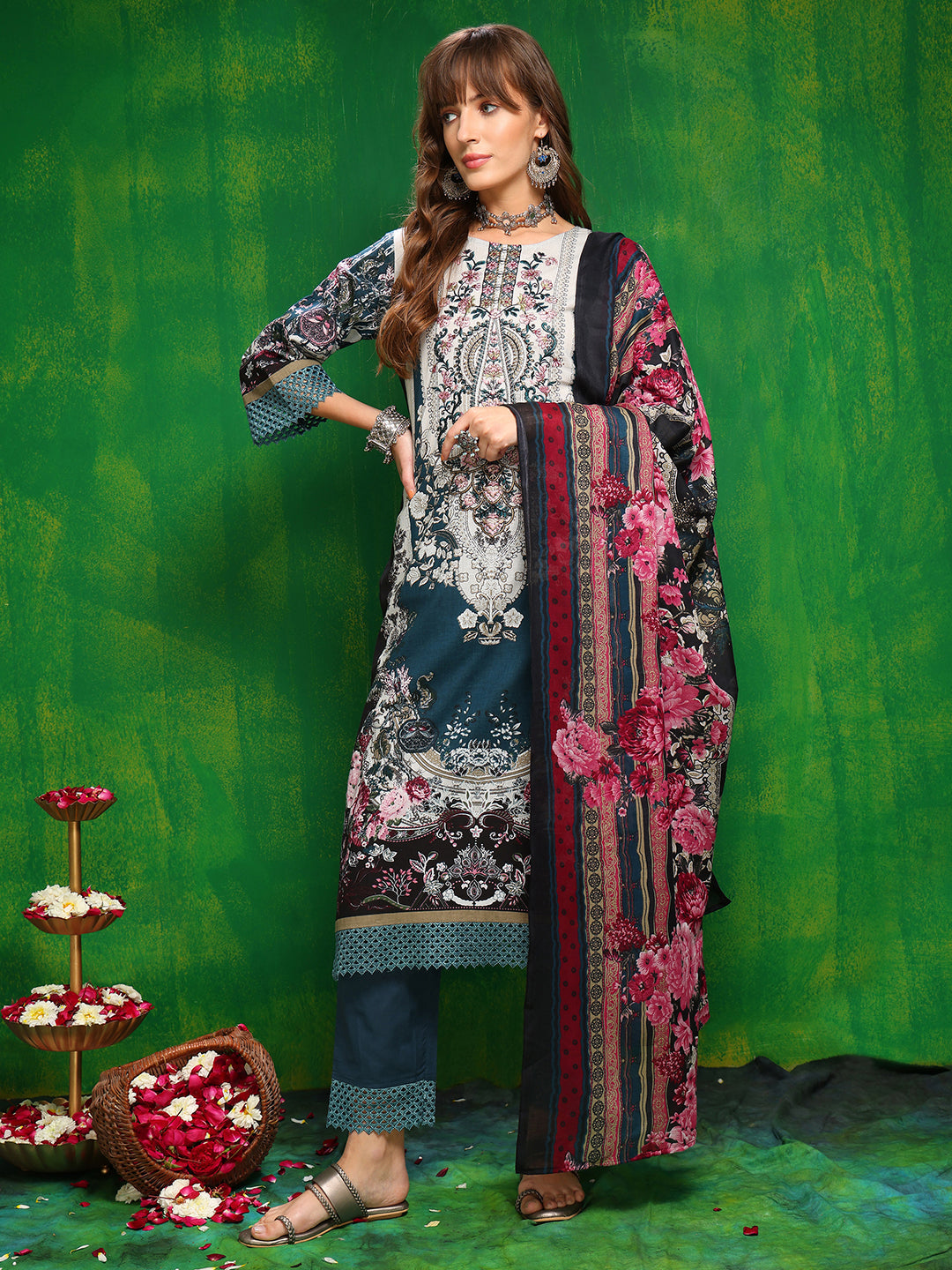 Pakistani Printed Kurta With Pant & Dupatta, Teal - Hiral Fashion