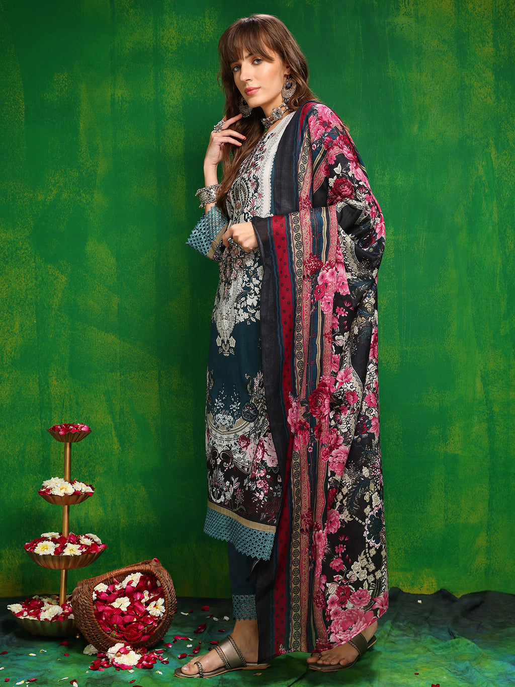 Pakistani Printed Kurta With Pant & Dupatta, Teal - Hiral Fashion