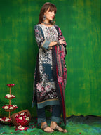 Pakistani Printed Kurta With Pant & Dupatta, Teal - Hiral Fashion