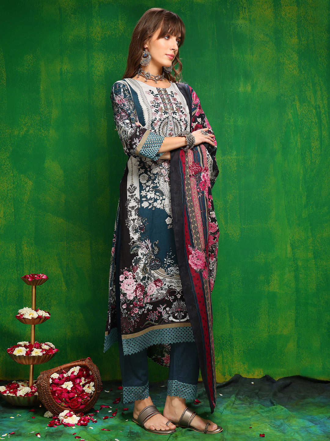 Pakistani Printed Kurta With Pant & Dupatta, Teal - Hiral Fashion