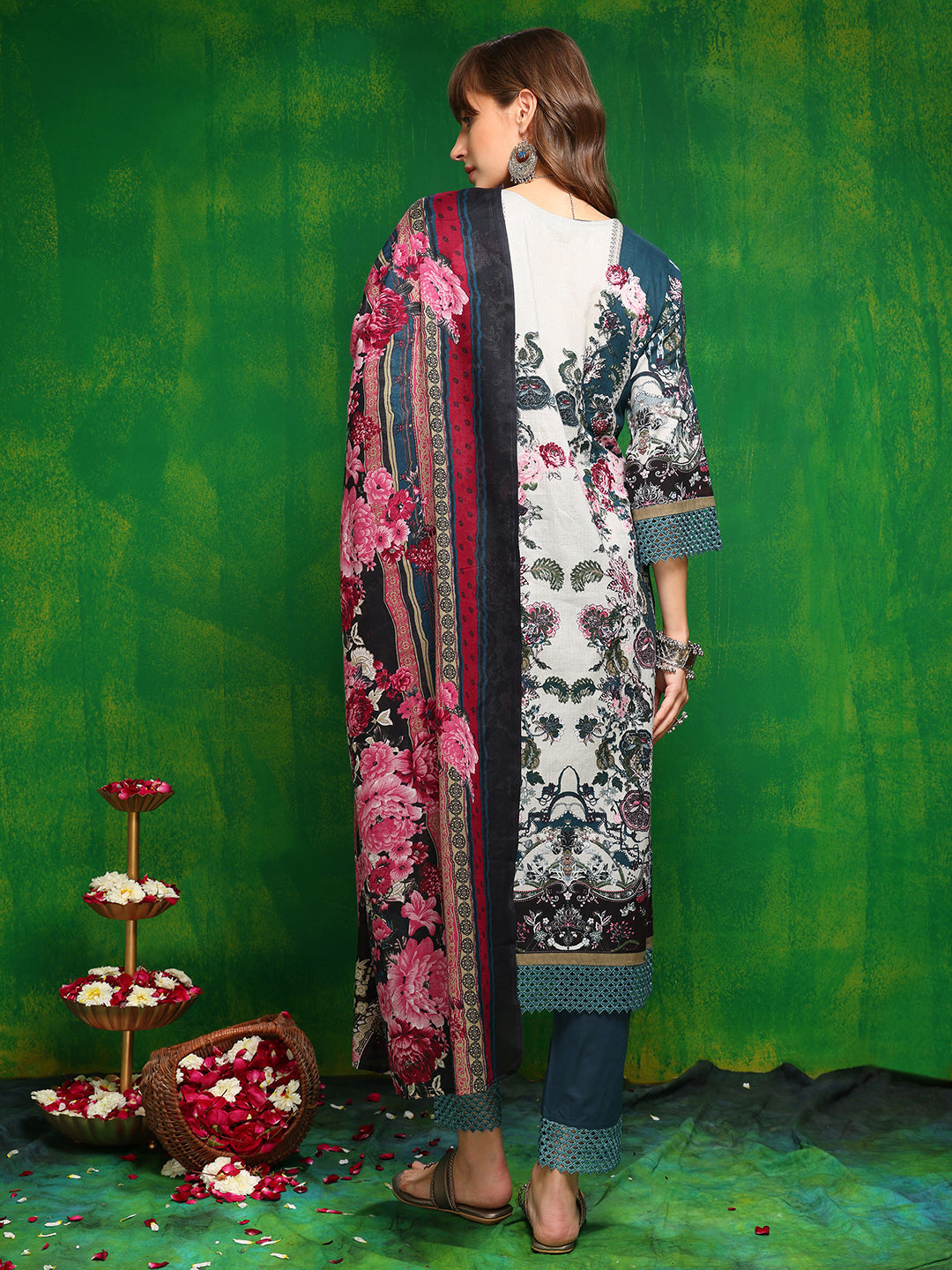 Pakistani Printed Kurta With Pant & Dupatta, Teal - Hiral Fashion