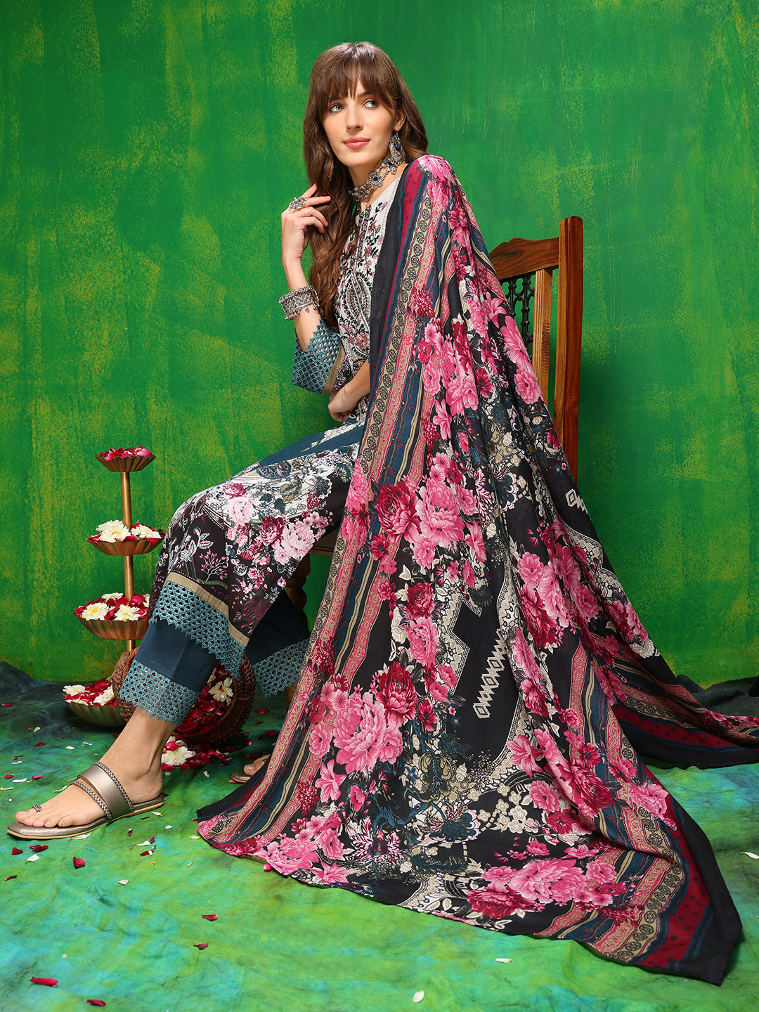 Pakistani Printed Kurta With Pant & Dupatta, Teal - Hiral Fashion