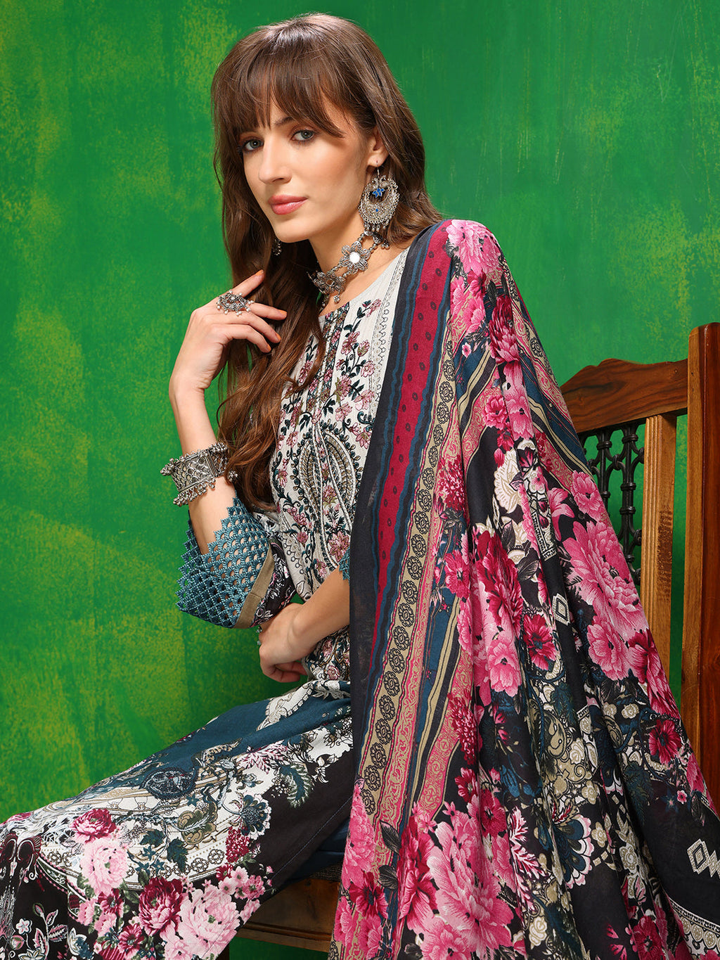 Pakistani Printed Kurta With Pant & Dupatta, Teal - Hiral Fashion