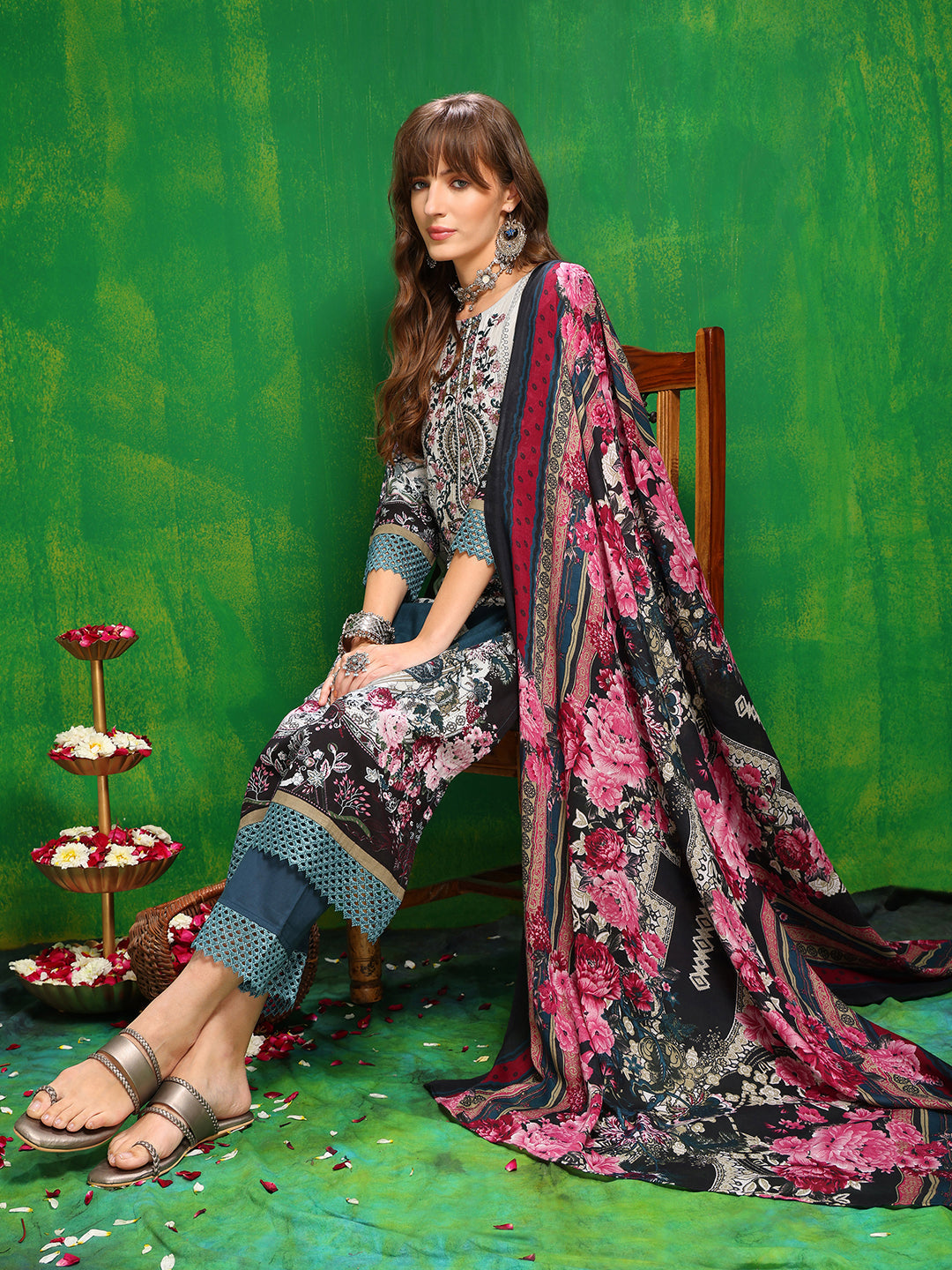 Pakistani Printed Kurta With Pant & Dupatta, Teal - Hiral Fashion