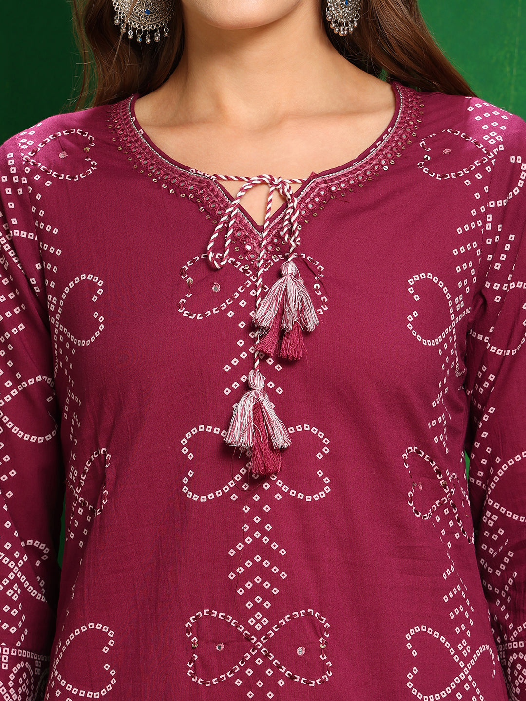 Bandhani Printed And Embroidered Kurta With Pant & Dupatta, Wine - Hiral Fashion - Distacart