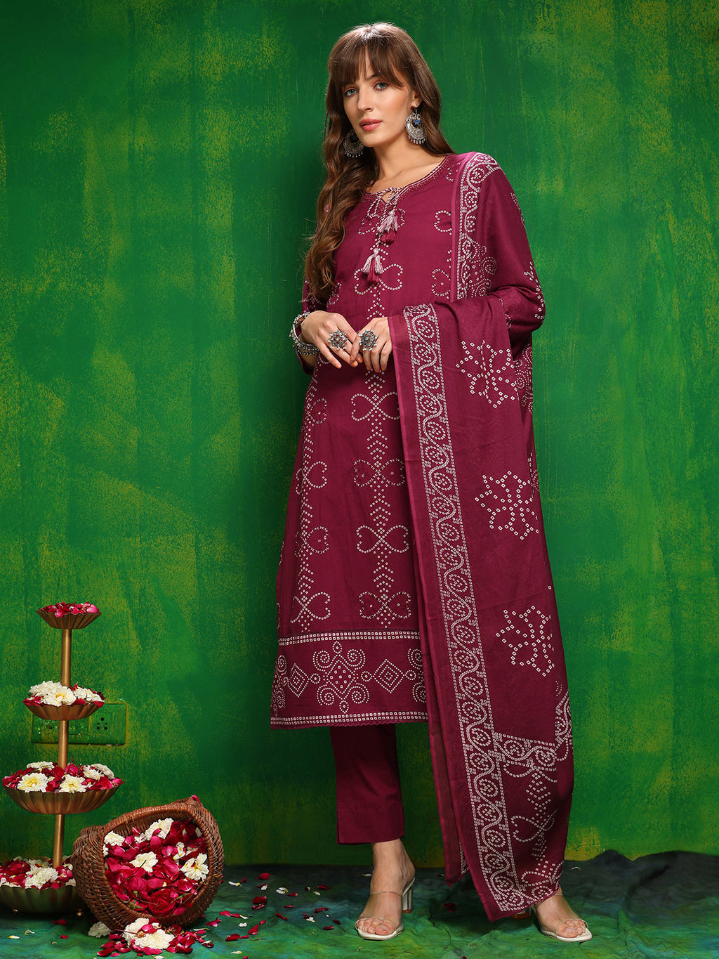 Bandhani Printed And Embroidered Kurta With Pant & Dupatta, Wine - Hiral Fashion - Distacart