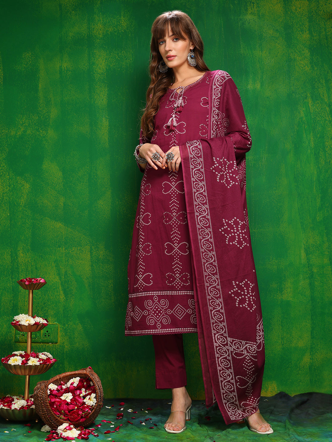 Bandhani Printed And Embroidered Kurta With Pant & Dupatta, Wine - Hiral Fashion - Distacart