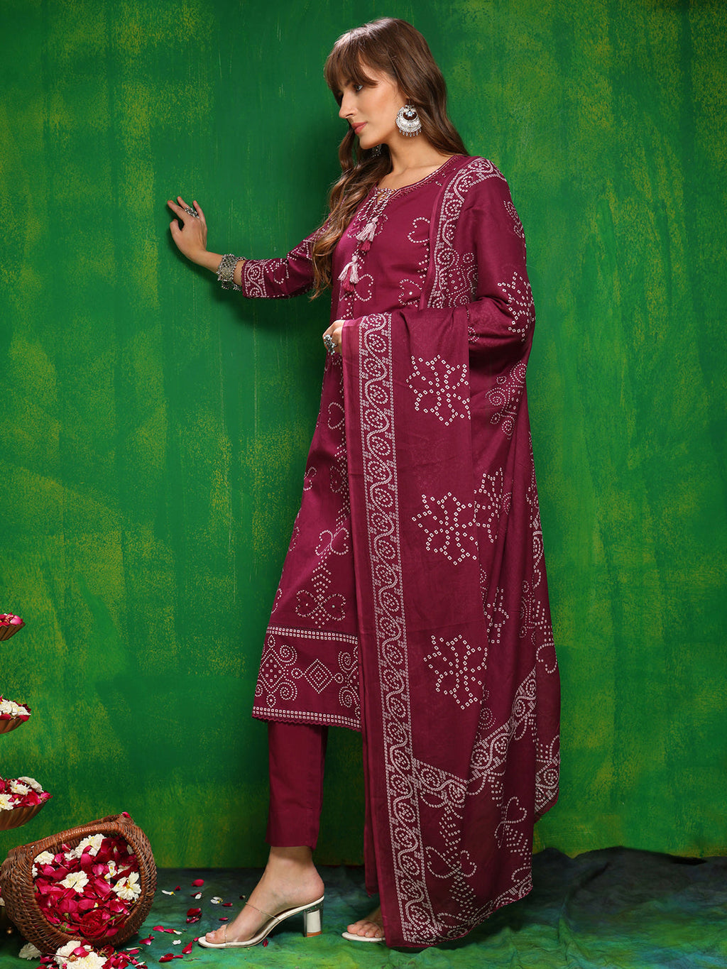 Bandhani Printed And Embroidered Kurta With Pant & Dupatta, Wine - Hiral Fashion - Distacart