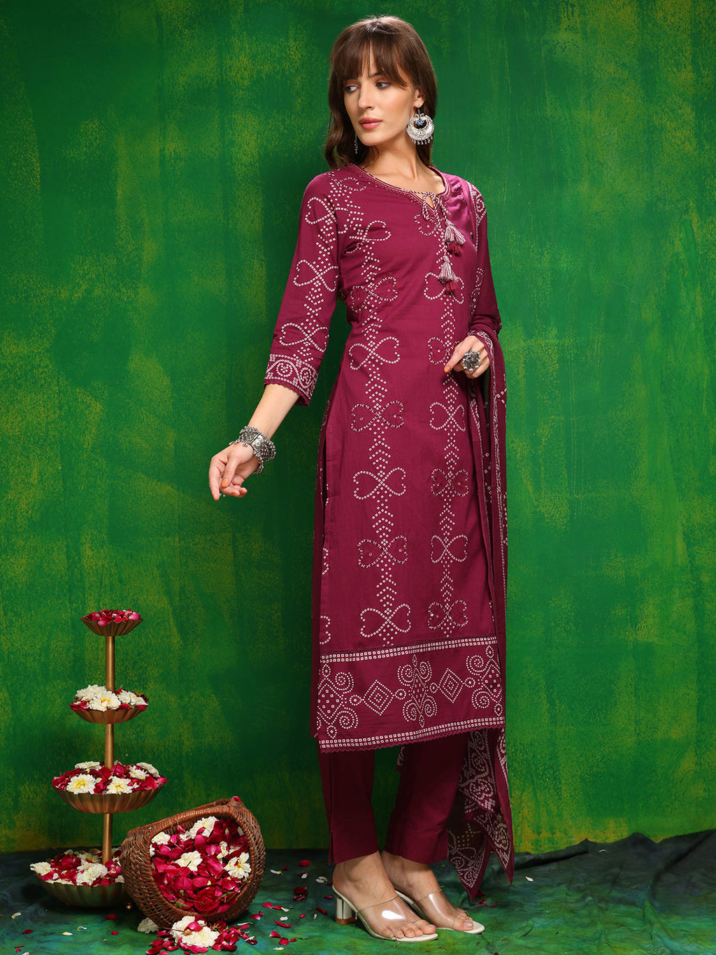 Bandhani Printed And Embroidered Kurta With Pant & Dupatta, Wine - Hiral Fashion - Distacart
