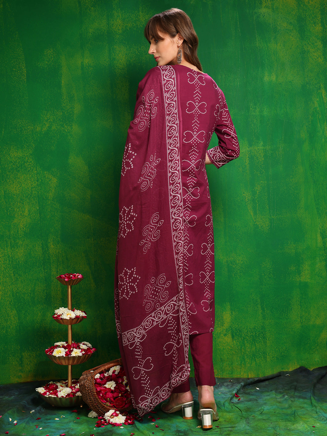 Bandhani Printed And Embroidered Kurta With Pant & Dupatta, Wine - Hiral Fashion - Distacart