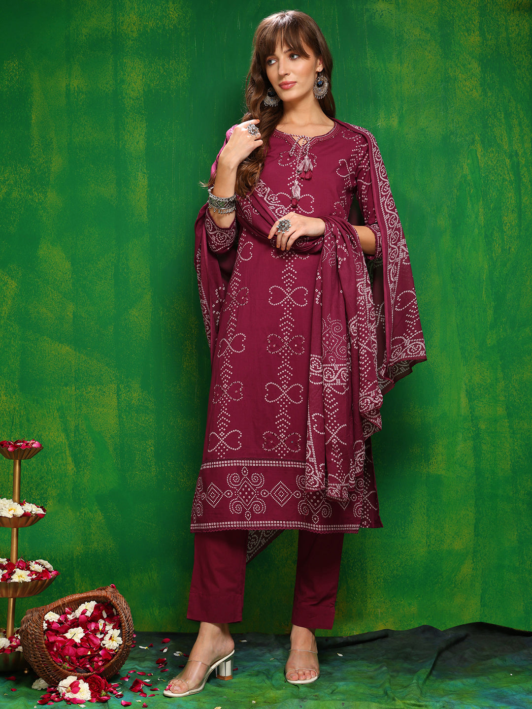 Bandhani Printed And Embroidered Kurta With Pant & Dupatta, Wine - Hiral Fashion - Distacart