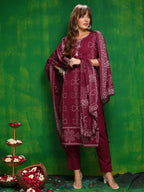 Bandhani Printed And Embroidered Kurta With Pant & Dupatta, Wine - Hiral Fashion - Distacart