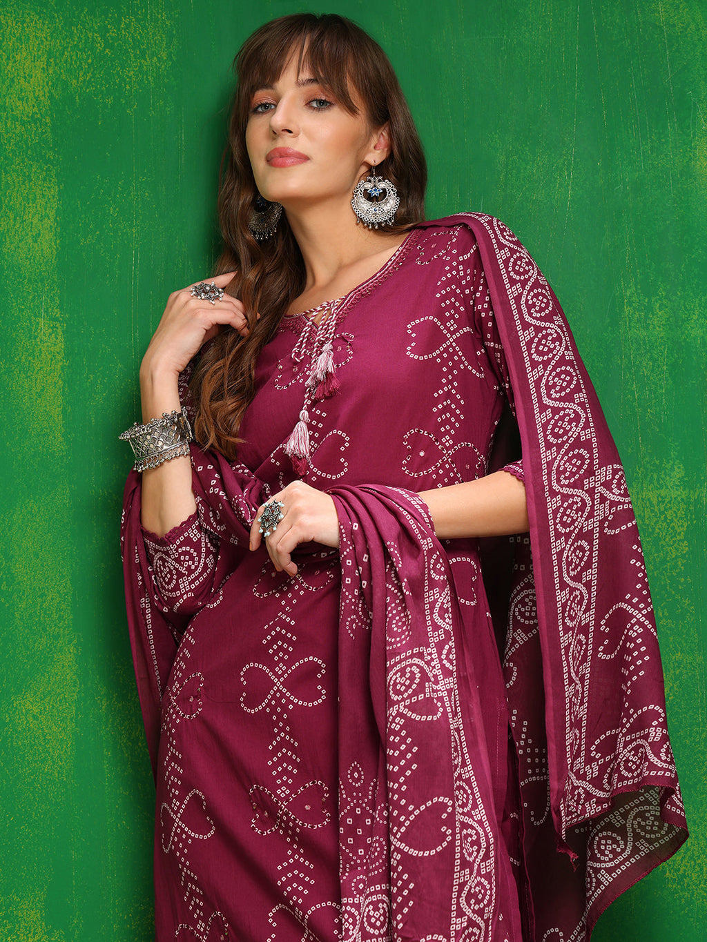 Bandhani Printed And Embroidered Kurta With Pant & Dupatta, Wine - Hiral Fashion - Distacart