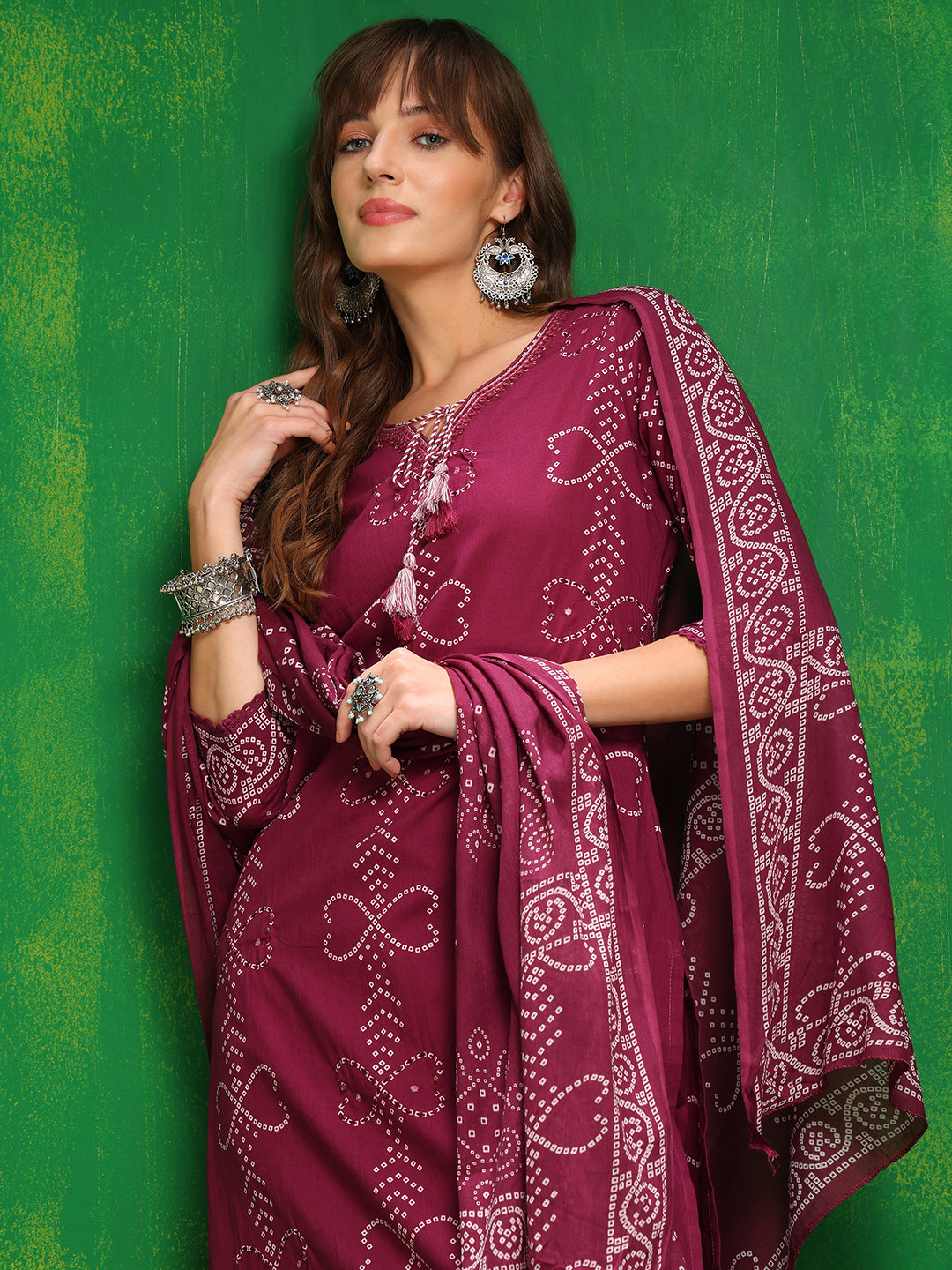 Bandhani Printed And Embroidered Kurta With Pant & Dupatta, Wine - Hiral Fashion - Distacart