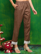 Pakistani Printed Kurta With Pant & Dupatta, Brown - Hiral Fashion