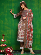 Pakistani Printed Kurta With Pant & Dupatta, Brown - Hiral Fashion