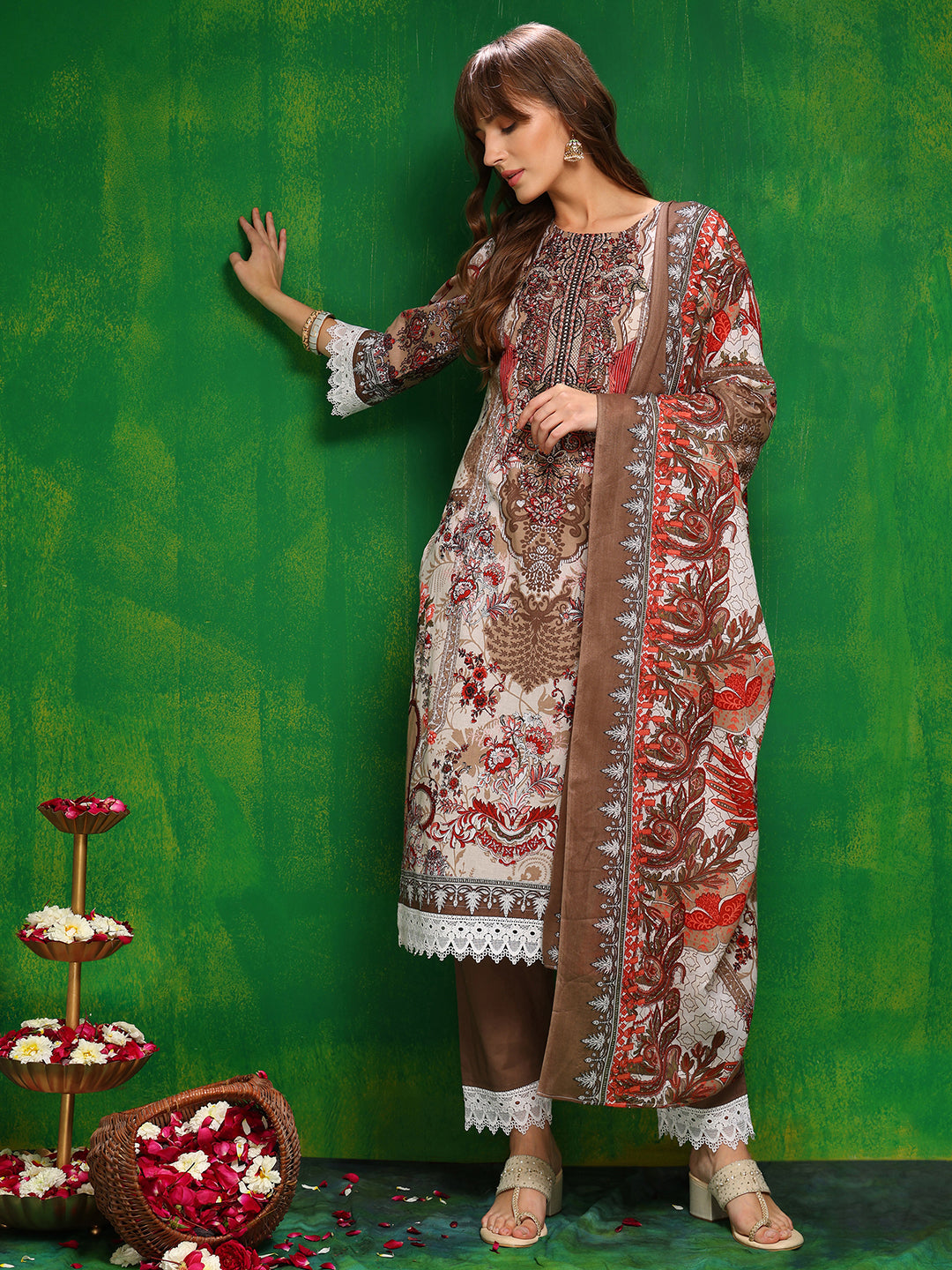 Pakistani Printed Kurta With Pant & Dupatta, Brown - Hiral Fashion