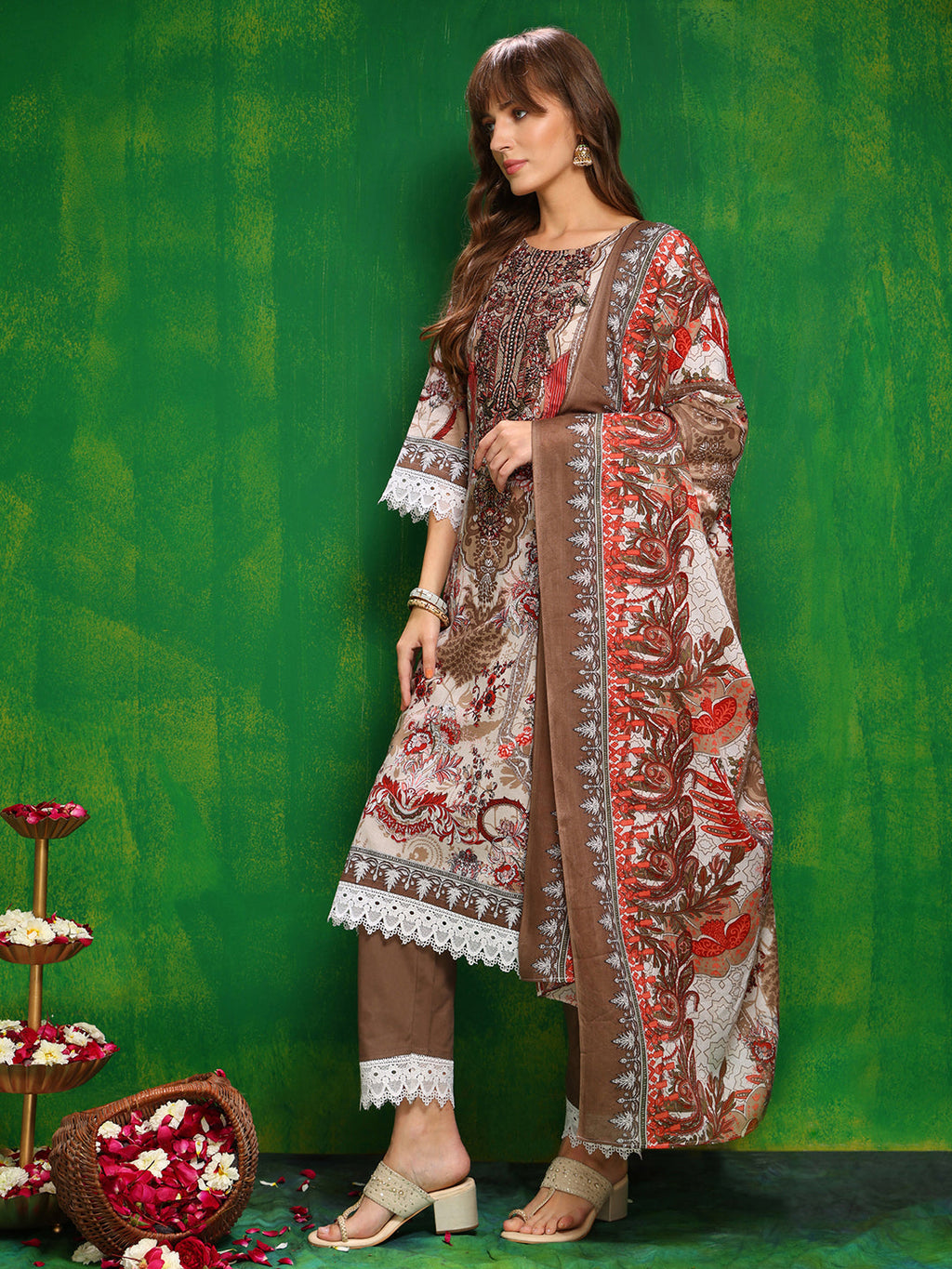 Pakistani Printed Kurta With Pant & Dupatta, Brown - Hiral Fashion