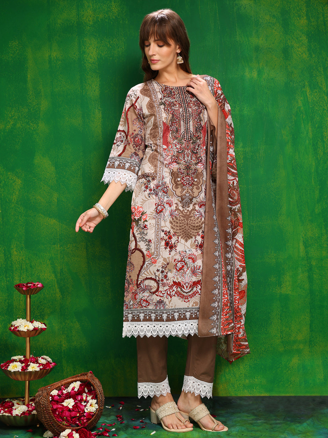 Pakistani Printed Kurta With Pant & Dupatta, Brown - Hiral Fashion