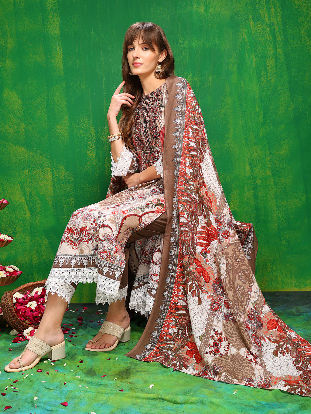 Pakistani Printed Kurta With Pant & Dupatta, Brown - Hiral Fashion