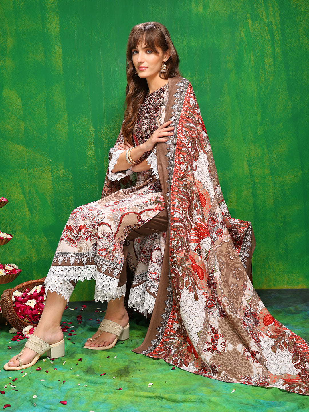 Pakistani Printed Kurta With Pant & Dupatta, Brown - Hiral Fashion