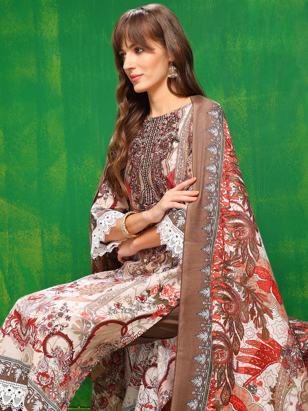 Pakistani Printed Kurta With Pant & Dupatta, Brown - Hiral Fashion