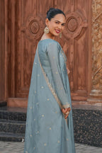 The52 Teal Blue Women's Gorgeous Vichitra Silk Fabric Embroidered Work Flared Anarkali Pant and Dupatta Set - Distacart