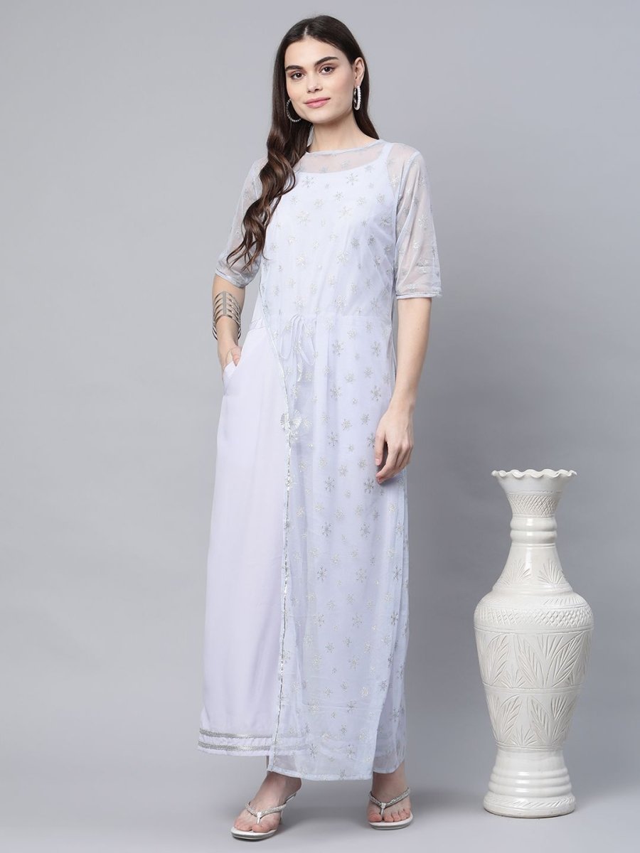 Ahalyaa Womens Blue Crepe & Net Silver Glitter Print Jumpsuit - Distacart