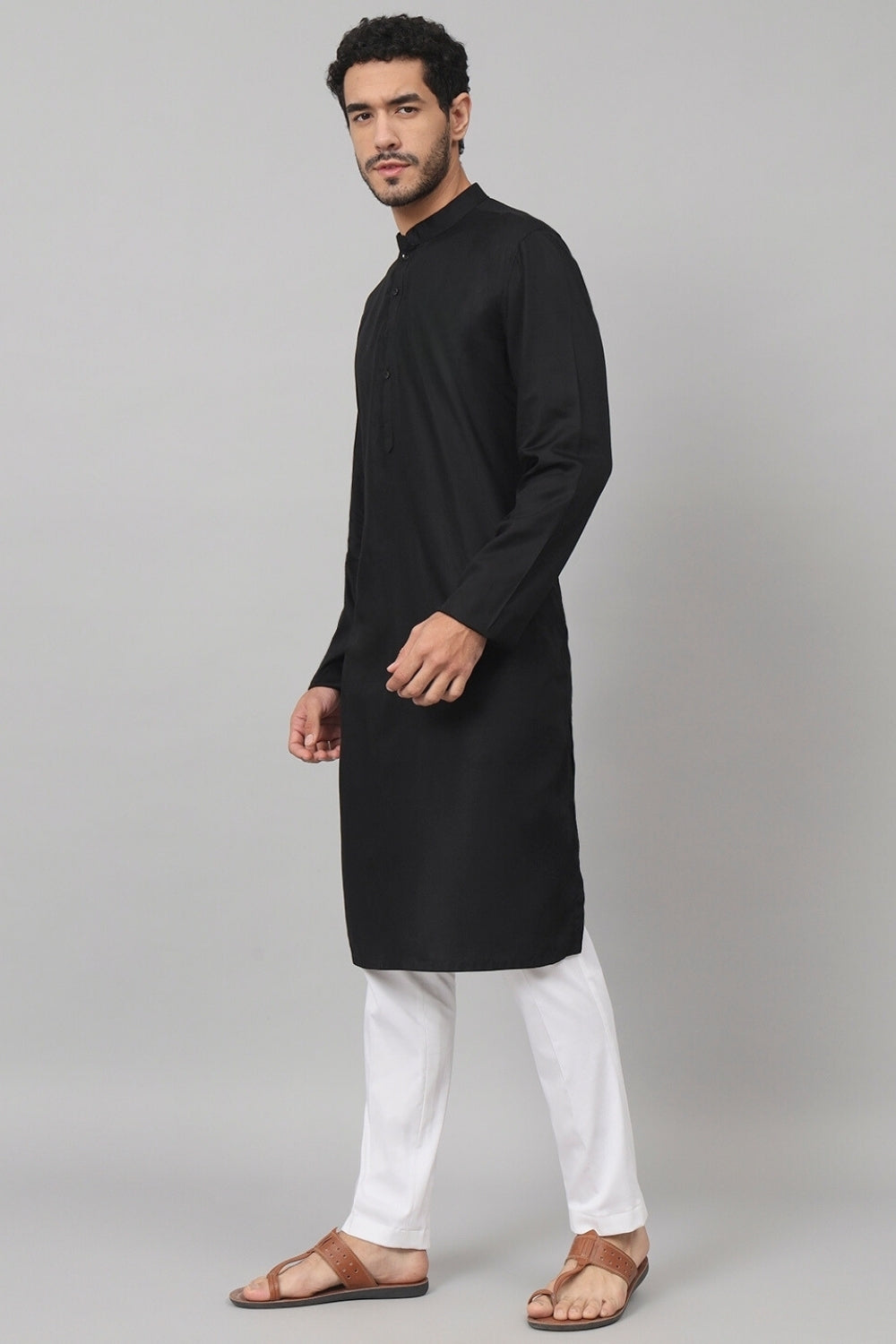 Giza Cotton Black Plain Kurta by Hilo Design