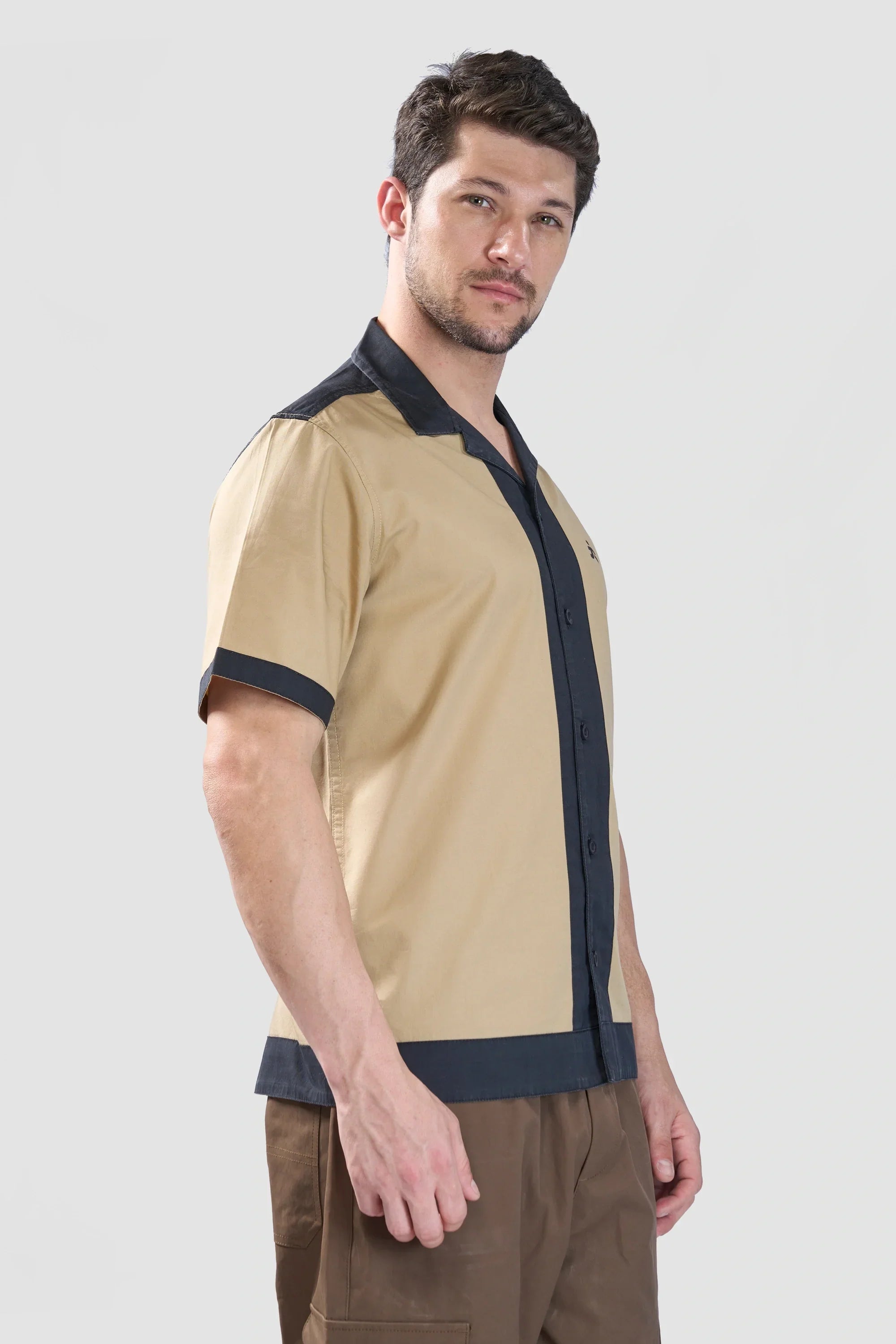 Xkind Beige & Black Backprinted Relaxed Fit Shirt