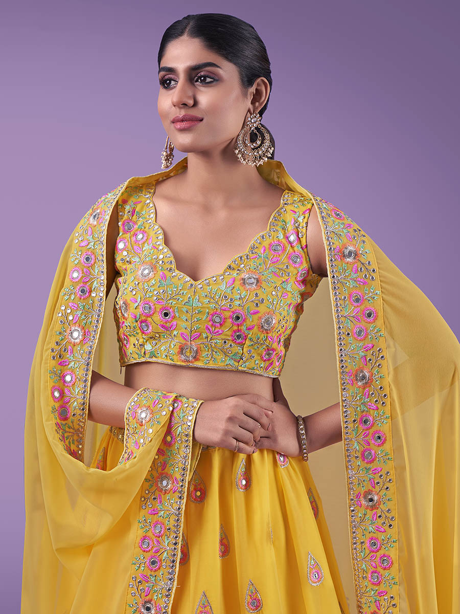 Myra Yellow Georgette Embroidered Designer Lehenga