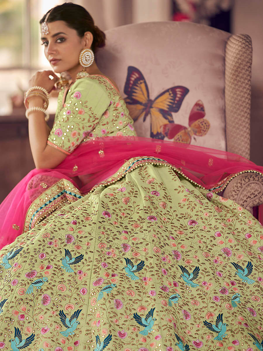 Myra Pista Green Art Silk Heavy Embroidered Lehenga