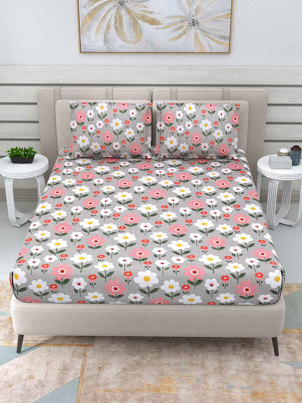 DREAM WEAVERZ Silver & Pink Pure Cotton Floral Queen Bedsheet with 2 Pillow Covers
