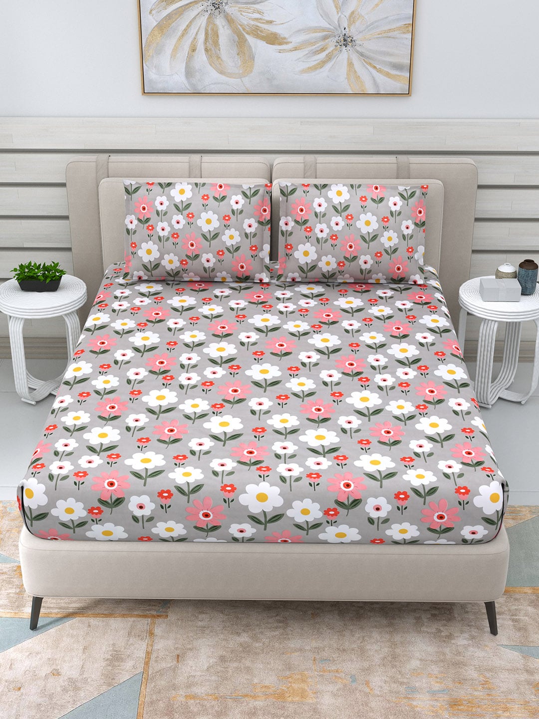 DREAM WEAVERZ Silver & Pink Pure Cotton Floral Queen Bedsheet with 2 Pillow Covers