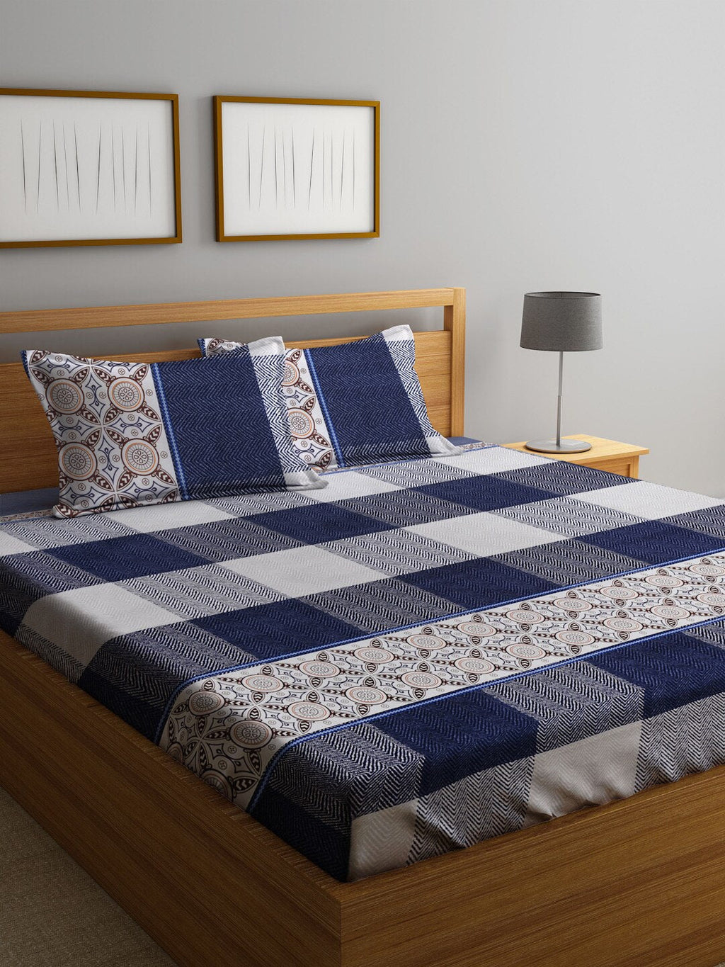Home Sizzler Blue & White 210 TC Queen Geometric Cotton Bedsheet with 2 Pillow Covers