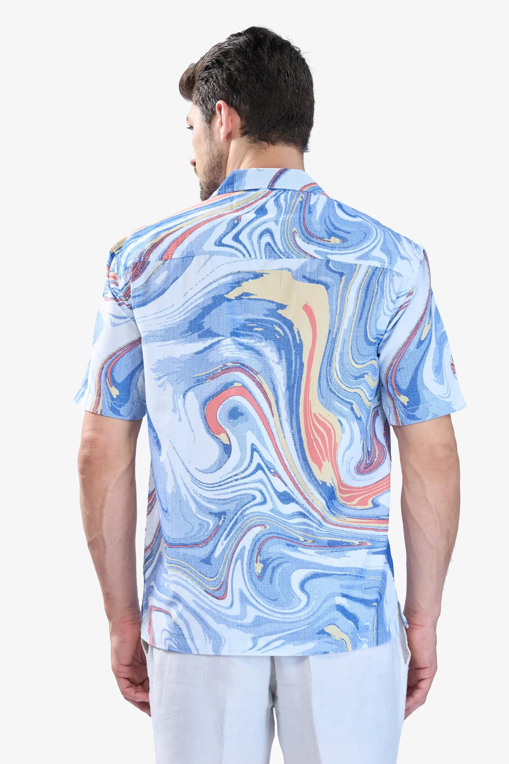 Xkind Blue Fine Cord Drop Shoulder Printed Relaxed Fit Shirt