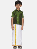 Sethukrishna Olive Green & White Solid Shirt and Veshti For Boys