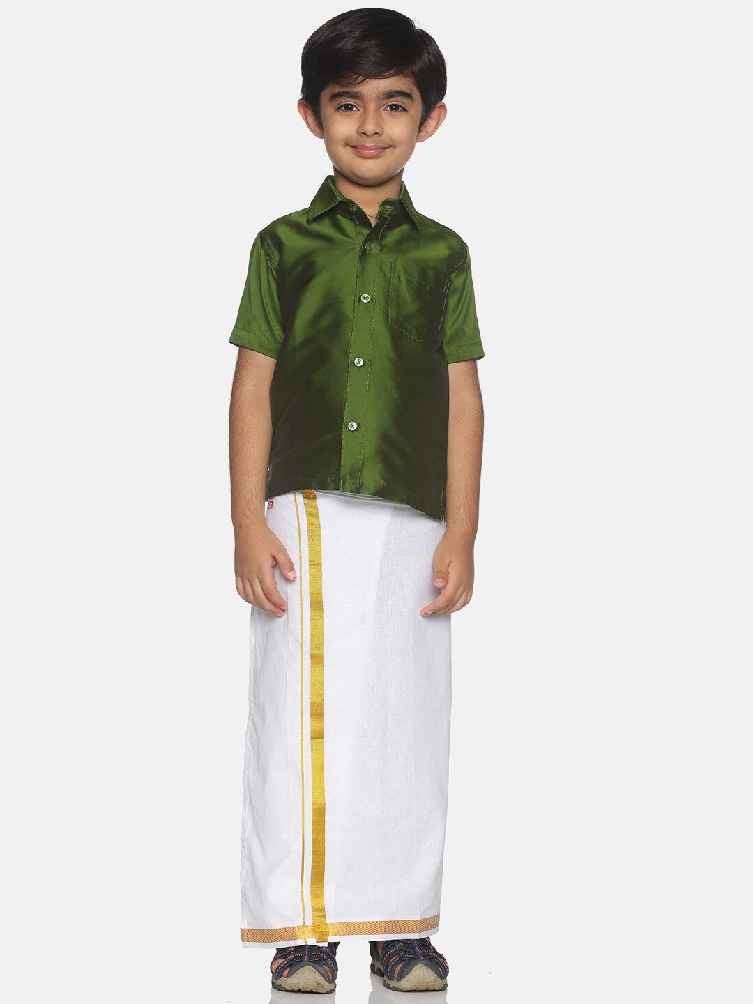 Sethukrishna Olive Green & White Solid Shirt and Veshti For Boys