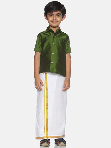 Sethukrishna Olive Green & White Solid Shirt and Veshti For Boys
