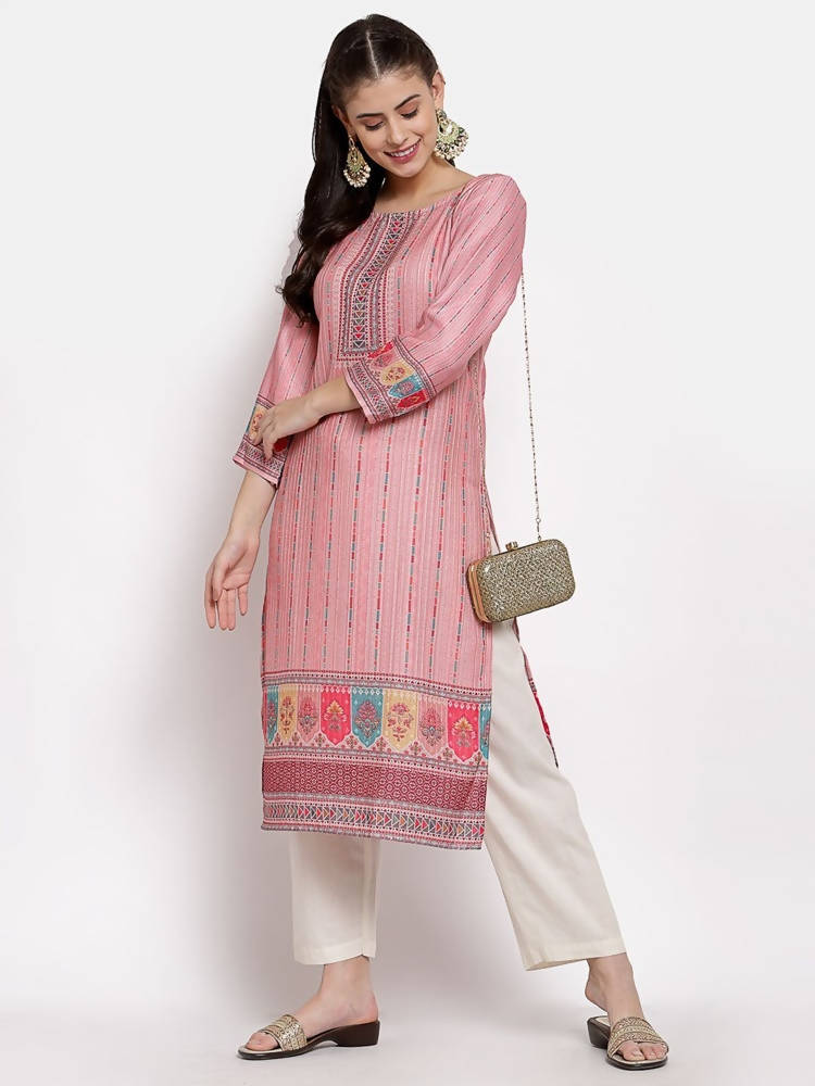Myshka Women's Traditional Multi Cotton Printed 3/4 Sleeve Round Neck Casual Kurta