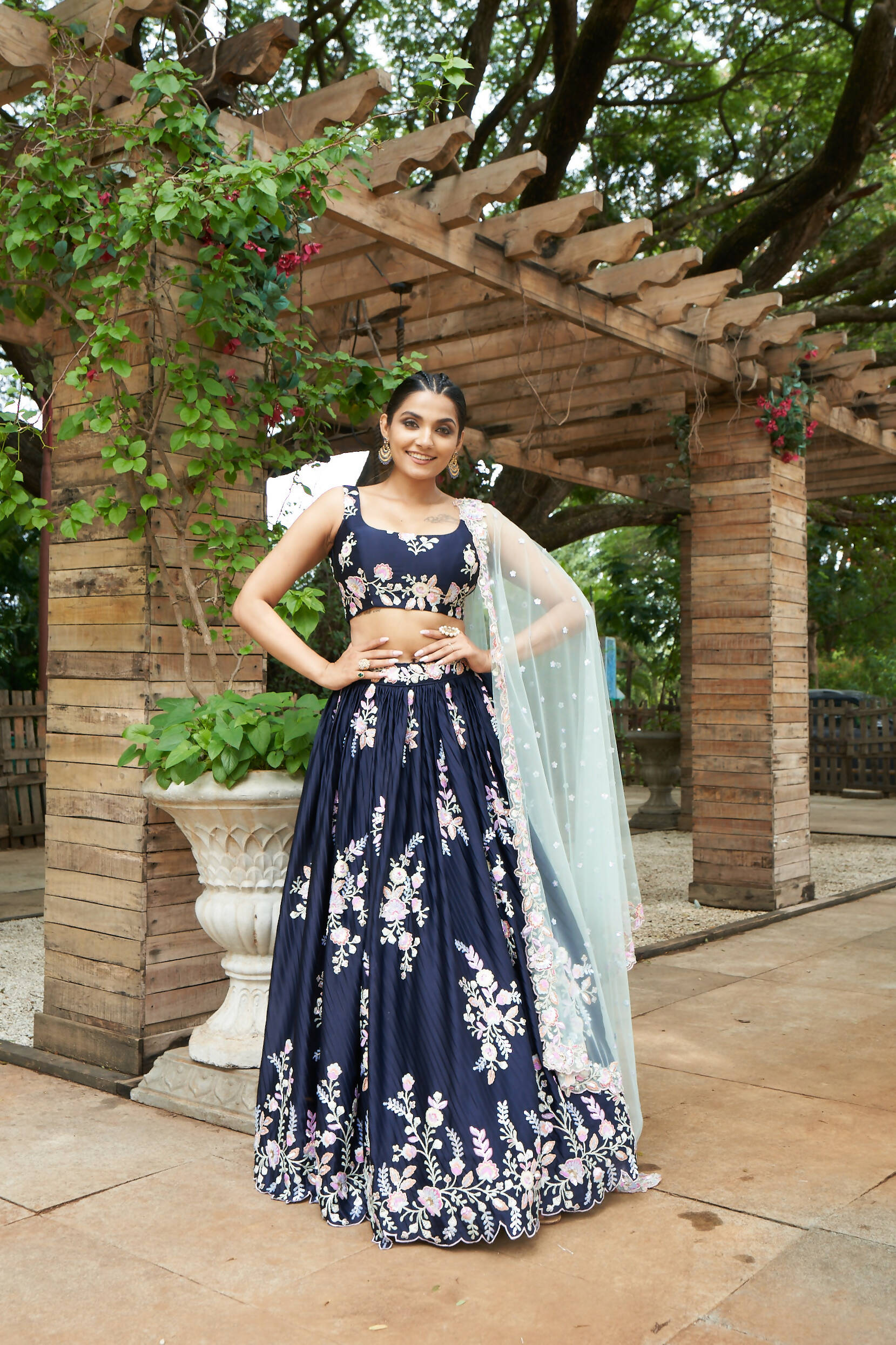 House of Panchhi Navy Blue Pure Georgette Thread & Sequinse Work Lehenga & Blouse, Dupatta