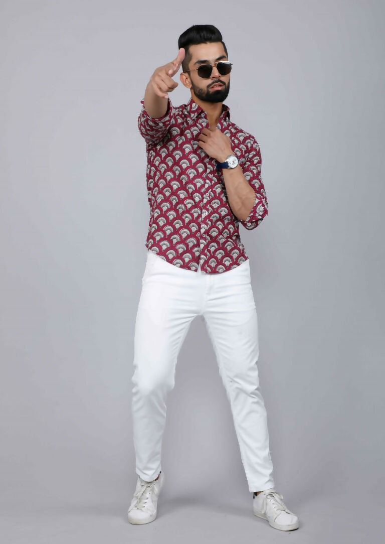 Miravan Men's Cotton Maroon Floral Printed Slim Fit Shirt