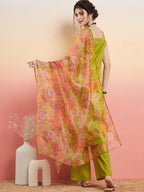 InWeave Women's Lime Green Lurex Strappy Straight Kurta Set W Organza Dupatta