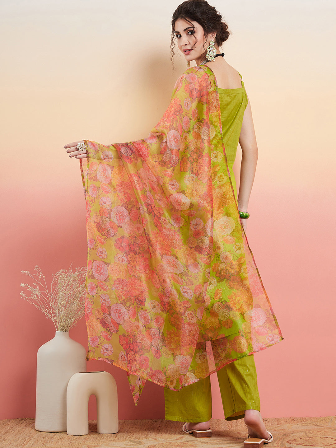 InWeave Women's Lime Green Lurex Strappy Straight Kurta Set W Organza Dupatta