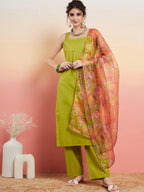 InWeave Women's Lime Green Lurex Strappy Straight Kurta Set W Organza Dupatta